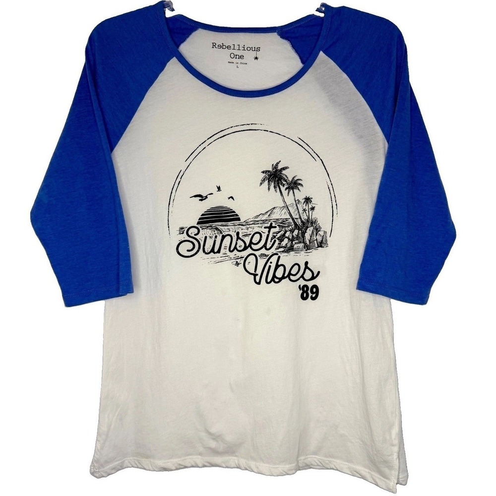 Rebellious One Raglan Tee Women L White Blue Sunset Vibes 89 Graphic I1508J172X